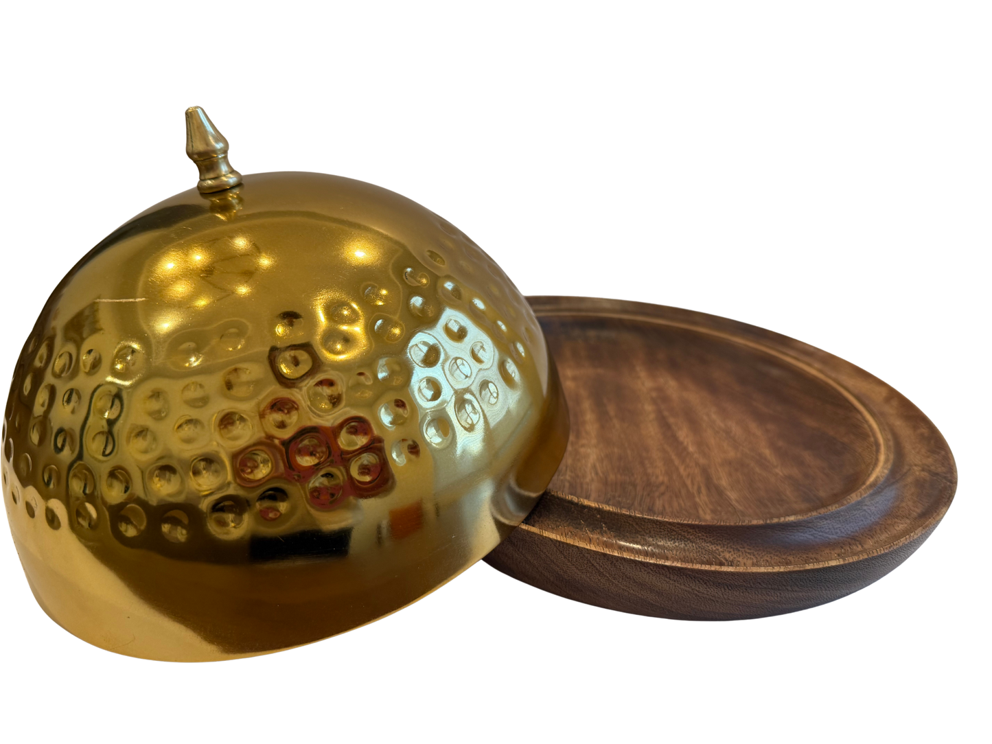Wooden Serving Tray with Hammered Gold Dome Cover