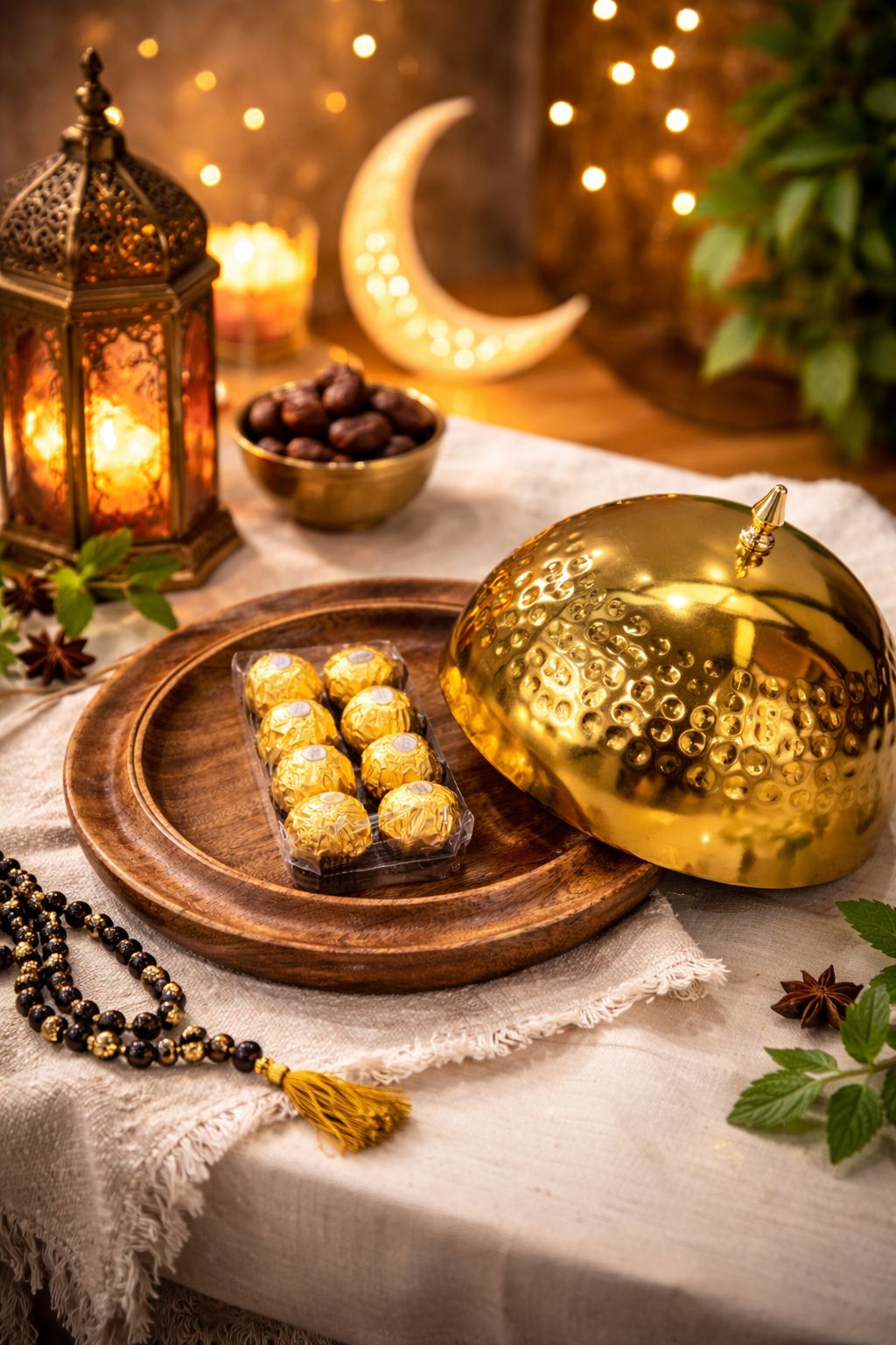 Wooden Serving Tray with Hammered Gold Dome Cover